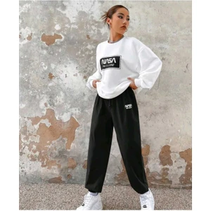 Nasa Baskılı Beyaz Sweatshirt Siyah/saks/kırmızı Alt Üst Eşofman Takımı Oversize Bisiklet Yaka
