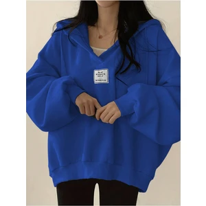 Unisex V-Yaka Kapüşonlu Basic Oversize Swetshirt