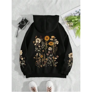 Çiçek Kol Baskılı Oversize Kapüşonlu Kadın Unisex Sweatshirt