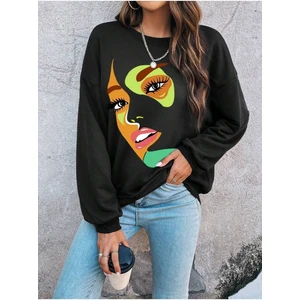 Turuncu Yüz Baskılı Bisiklet Yaka Ünisex Siyah Oversize Sweatshirt