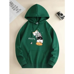 Unisex Anime Kediler Kapşonlu Baskılı Oversize Sweatshirt