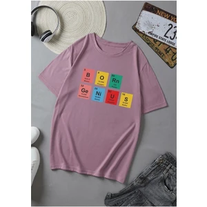 Unisex Mor Born Genius Baskılı Oversize T-Shirt