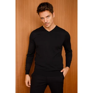 Desen Triko Erkek Basic V Yaka Ince Triko Kazak Siyah