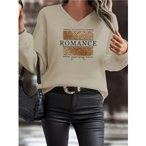 V-Yaka Bej Kadın Oversize Sweatshirt