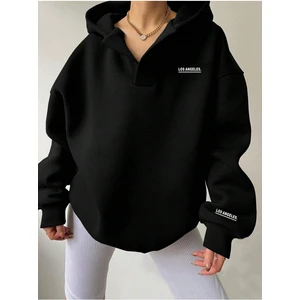 V-Yaka Kapüşonlu Basic Kol Baskılı Oversize Swetshirt