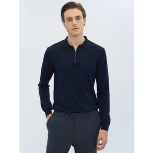 Lacivert Polo Yaka Düz Örgü Triko Kazak