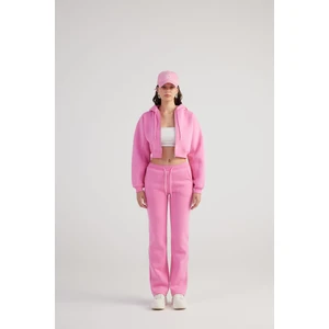 Holly Lolly Kadın Pembe Yüksek Bel Straight Kesim Şardonlu Mixed Eşofman Altı