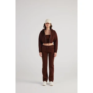 Holly Lolly Kadın Kahverengi Yüksek Bel Straight Kesim Şardonlu Mixed Eşofman Altı