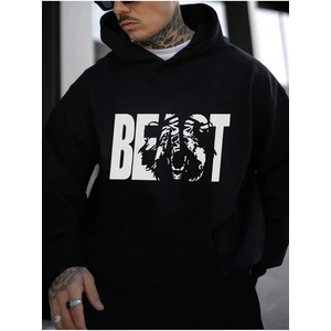 Beast Baskılı Erkek Siyah Kapüşonlu Alt Üst Oversize Eşofman Takımı