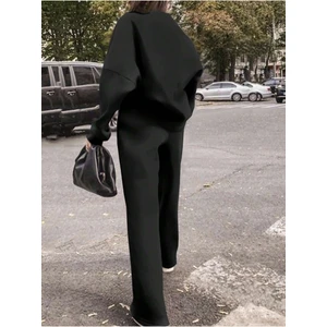 Kadın Siyah Geniş Boru Paça Alt Üst Eşofman Takımı Oversize