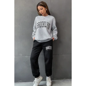 Brooklyn Gri Jogger Siyah Sweatshirt Alt Üst Eşofman Takımı Oversize Bisiklet Yaka