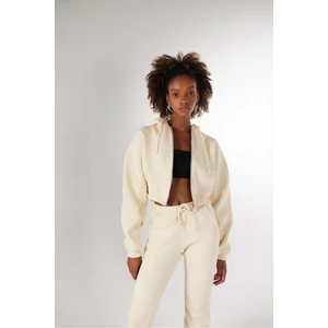 Holly Lolly Kadın Bej Kapüşonlu Uzun Kol Fermuarlı Crop Mixed Sweat