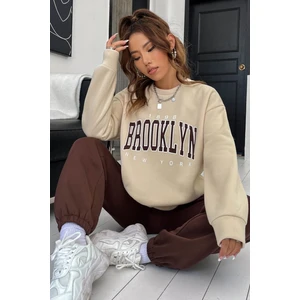 Brooklyn Kahve Jogger Bej Sweatshirt Alt Üst Eşofman Takımı Oversize Bisiklet Yaka