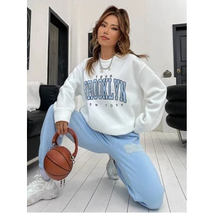 Brooklyn Mavi Jogger Beyaz Sweatshirt Alt Üst Eşofman Takımı Oversize Bisiklet Yaka