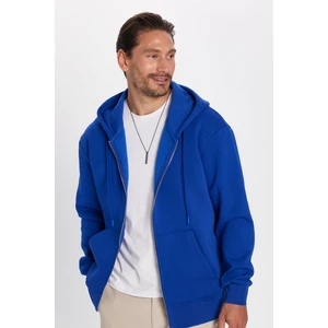 Unisex Relax Fit Rahat Kesim Pamuklu İçi Polarlı Çift Cepli Fermuarlı Sax Mavi Kapüşonlu Sweatshirt