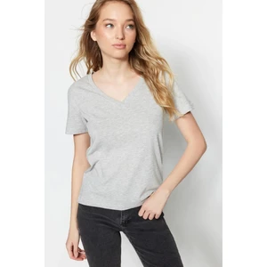 Tight Lady %100 Pamuk Süper Kalite Gri Melanj V-Yaka Kadın Basic Tişört Örme Pamuk Penye T-Shirt