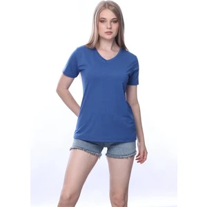 Tight Lady Süper Kalite Açık Lacivert V Yaka Kadın Tişört Düz Renk Basic Organik Pamuk Örme Penye T-Shirt