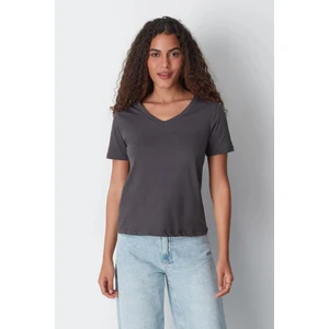 Tight Lady Süper Kalite Füme V Yaka Kadın Tişört Düz Renk Basic Organik Pamuk Örme Penye T-Shirt