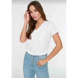 Tight Lady Süper Kalite Beyaz V Yaka Kadın Tişört Düz Renk Basic Organik Pamuk Örme Penye T-Shirt