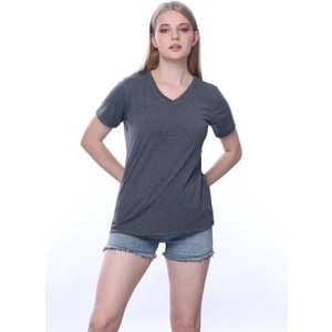 Tight Lady Süper Kalite Antrasit V Yaka Kadın Tişört Düz Renk Basic Organik Pamuk Örme Penye T-Shirt