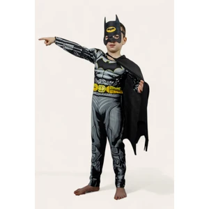 Batman Kaslı Çocuk Kostümü Siyah Pelerinli Maskeli Süper Kahraman Kaslı Kostümü