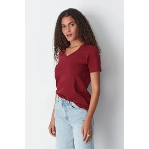 Tight Lady %100 Pamuk Süper Kalite Bordo V Yaka Kadın Basic Tişört Örme Pamuk Penye T-Shirt