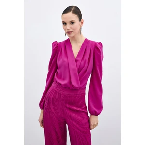 Kruvaze Vatkalı Bodysuit - Fuşya