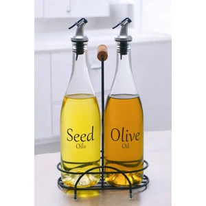Pure 2'li Siyah Metal Standlı Ahşap Saplı Yağdanlık Seti Şeffaf Etiketli Cam Yağlık 750 ml Cys-15