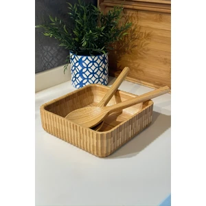 Bambu Çizgili Kase ve Kaşık Seti ,23 Cm-23 cm  Büyük Boy  Meyvelik Ekmeklik Salata Meze Bowl Curve