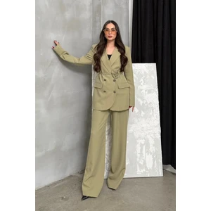 Msm Fashion Kadın Ikili Blazer Ceket Pantolon Takım Aksesuar ve Düğme Detaylı Bol Paça