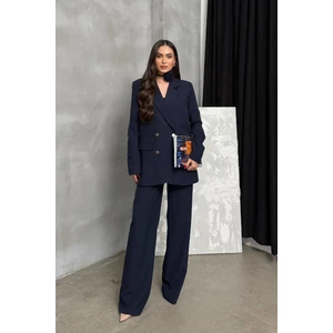 Msm Fashion Kadın Ikili Blazer Ceket Pantolon Takım Aksesuar ve Düğme Detaylı Bol Paça