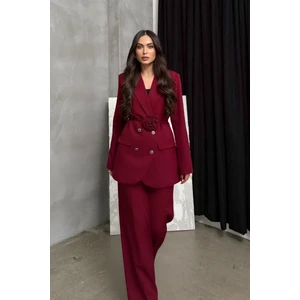 Msm Fashion Kadın Ikili Blazer Ceket Pantolon Takım Aksesuar ve Düğme Detaylı Bol Paça