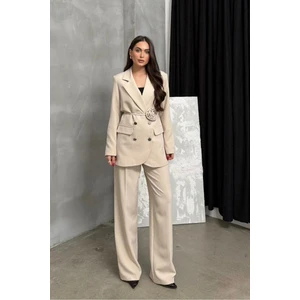 Msm Fashion Kadın Ikili Blazer Ceket Pantolon Takım Aksesuar ve Düğme Detaylı Bol Paça