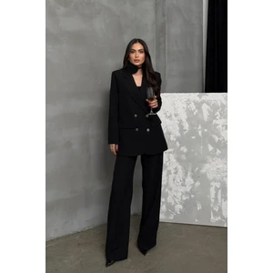 Msm Fashion Kadın Ikili Blazer Ceket Pantolon Takım Aksesuar ve Düğme Detaylı Bol Paça