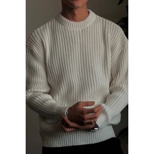 Tarz Cool Erkek Beyaz Fitilli Örme Regular Triko Kazak
