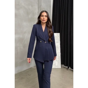 Msm Fashion Kadın Ikili Blazer Ceket Pantolon Takım Pile ve Düğme Detaylı Boru Paça