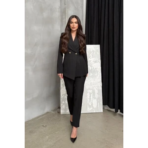 Msm Fashion Kadın Ikili Blazer Ceket Pantolon Takım Pile ve Düğme Detaylı Boru Paça