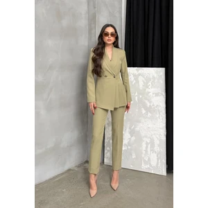 Msm Fashion Kadın Ikili Blazer Ceket Pantolon Takım Pile ve Düğme Detaylı Boru Paça