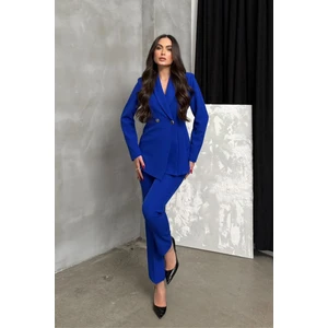 Msm Fashion Kadın Ikili Blazer Ceket Pantolon Takım Pile ve Düğme Detaylı Boru Paça