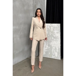 Msm Fashion Kadın Ikili Blazer Ceket Pantolon Takım Pile ve Düğme Detaylı Boru Paça