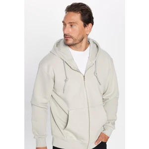 Unisex Relax Fit Rahat Kesim Pamuklu İçi Polarlı Çift Cepli Fermuarlı Taş Renk Kapüşonlu Sweatshirt