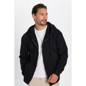 Unisex Relax Fit Rahat Kesim Pamuklu İçi Polarlı Çift Cepli Tam Fermuarlı Siyah Kapüşonlu Sweatshirt