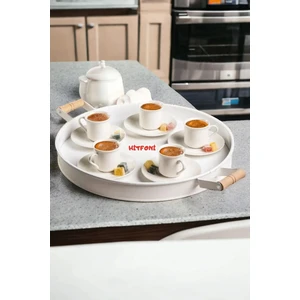 37 Cm Ahşap Kulplu Beyaz Metal Tepsi Yuvarlak Tepsi Çay Sunum Tepsisi