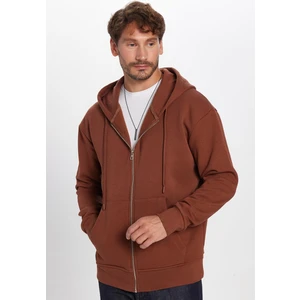 Relax Fit Rahat Kesim Pamuklu İçi Polarlı Çift Cepli Fermuarlı Kahverengi Kapüşonlu Sweatshirt