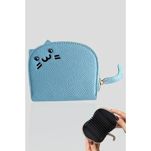 Mavi Kedili Cüzdan Suni Deri Çok Bölmeli Kedi Model Cüzdan