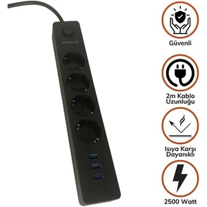 Termal Akım Korumalı 4 Priz 3 USB Girişli Uzatma Kablosu Güç&şarj
