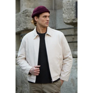 Erkek Deri Detaylı Süet Ekru Ceket Mont - 4023DNGR