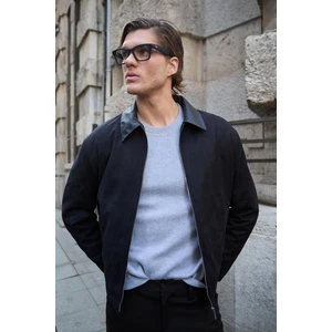 Erkek Deri Detaylı Süet Siyah Ceket Mont - 4023DNGR