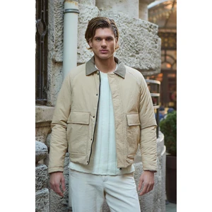 Kontrast Yakalı Su Geçirmez Kapitone Bej Ceket Mont - 4012DNGR