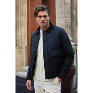 Kontrast Yakalı Su Geçirmez Kapitone Siyah Ceket Mont - 4012DNGR